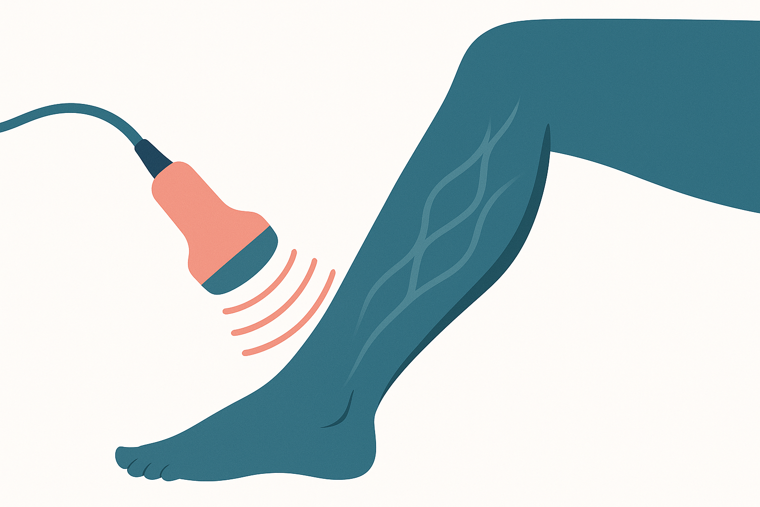 Illustration of a vascular ultrasound probe evaluating the veins in the calf for signs of leg pain causes