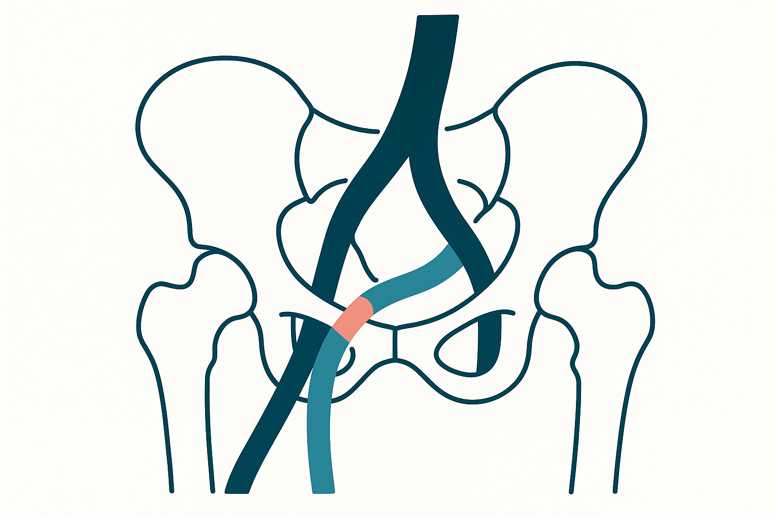 Anatomical illustration showing the right iliac artery crossing over and compressing the left iliac vein in the pelvis