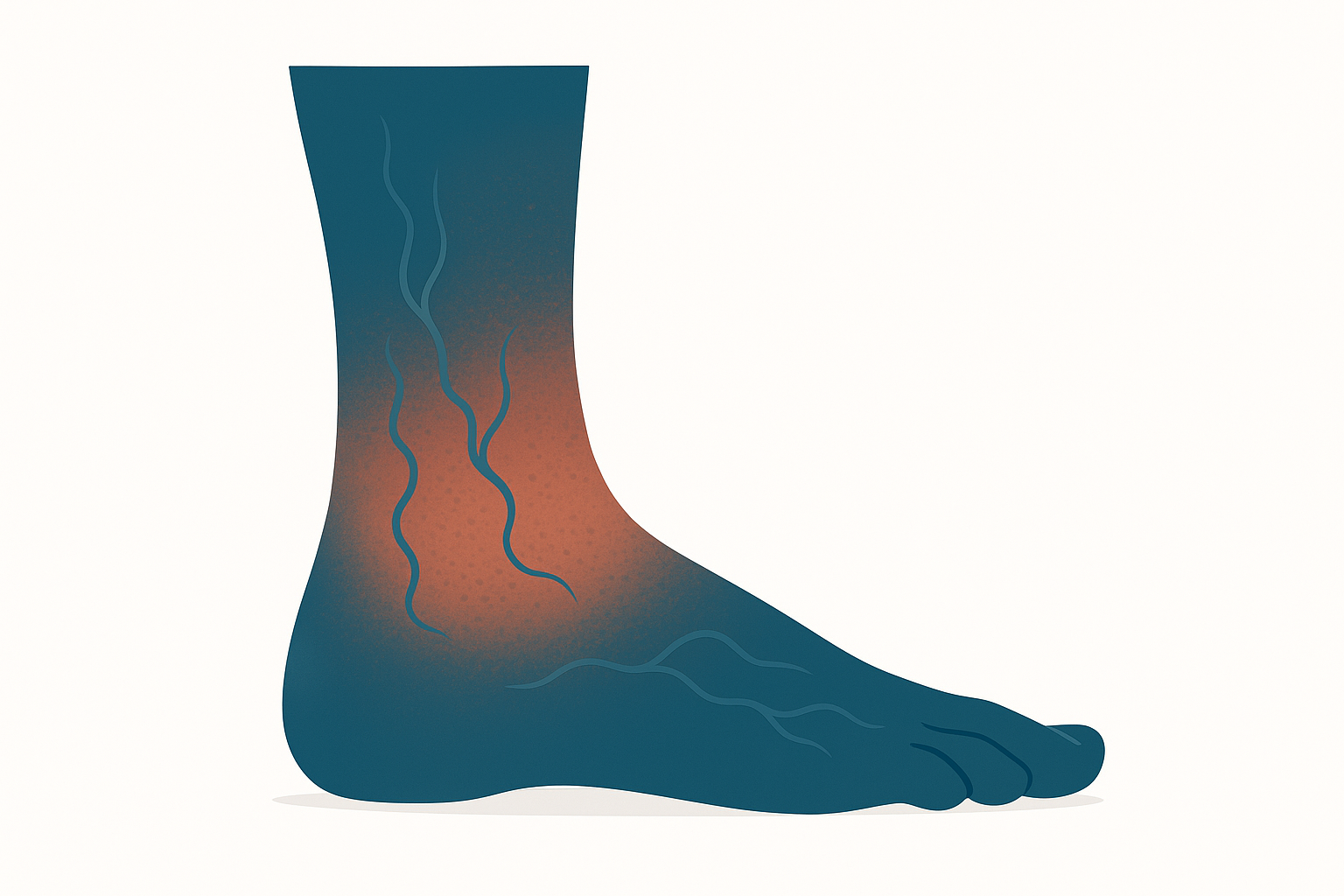 Anatomical illustration of a lower leg showing characteristic skin changes of venous stasis dermatitis including discoloration and swelling around the ankle