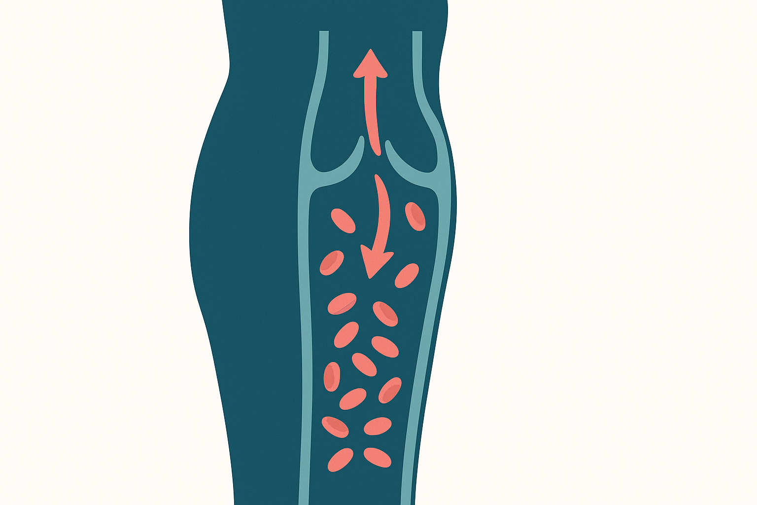Anatomical cross-section illustration showing failing vein valves and venous reflux causing blood pooling in the lower leg