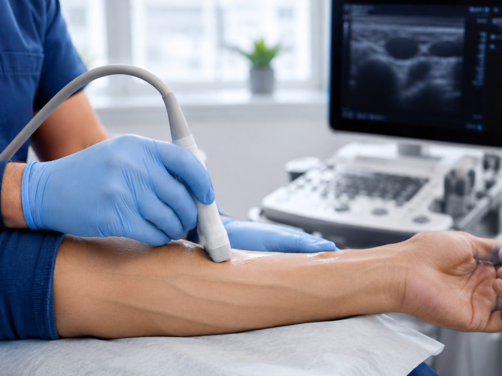 Vascular specialist performing forearm ultrasound for dialysis access evaluation. Advanced Vascular Albuquerque.