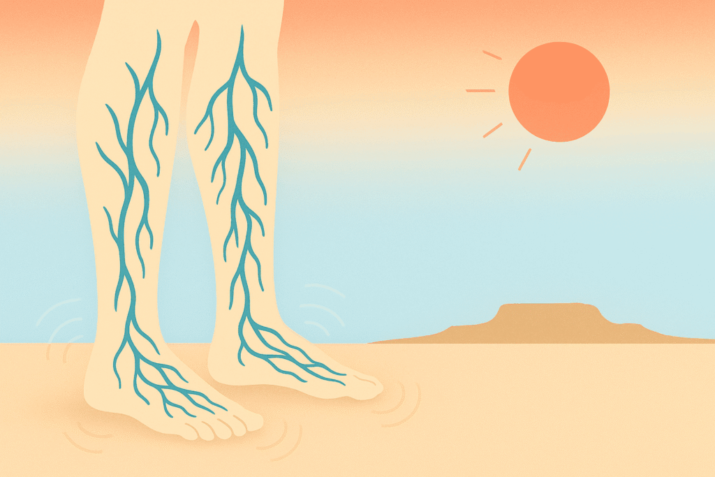 Illustration of lower legs with visible vein network against a hot desert sky, showing how summer heat worsens leg itching and burning from vein problems