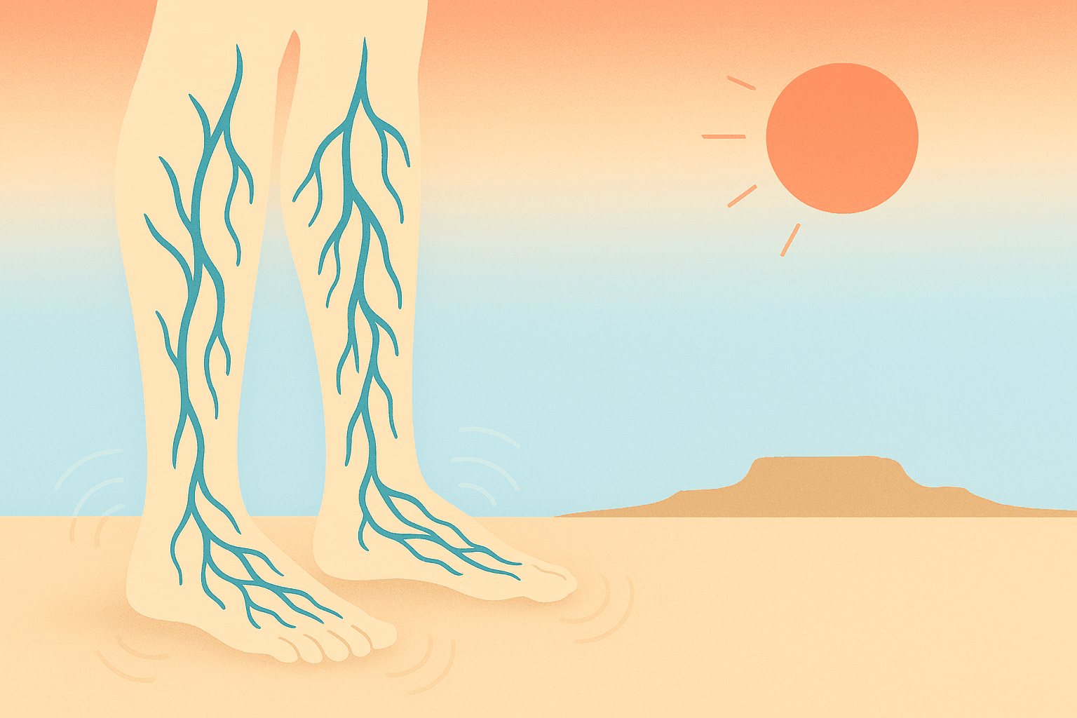 Illustration of lower legs with visible vein network against a hot desert sky, showing how summer heat worsens leg itching and burning from vein problems