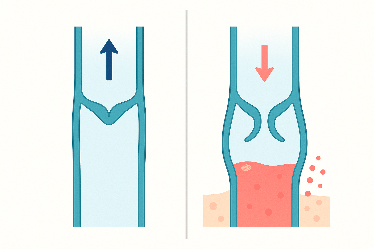 Diagram comparing a healthy vein valve that closes to keep blood flowing upward with a failing valve that allows blood to flow backward and pool in the lower leg