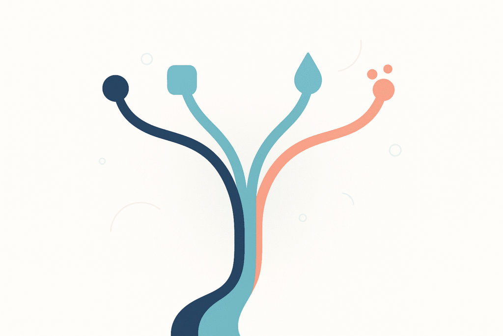 Illustration of a single path branching into four treatment paths, representing the choice between laser, radiofrequency, VenaSeal, and Varithena for varicose veins