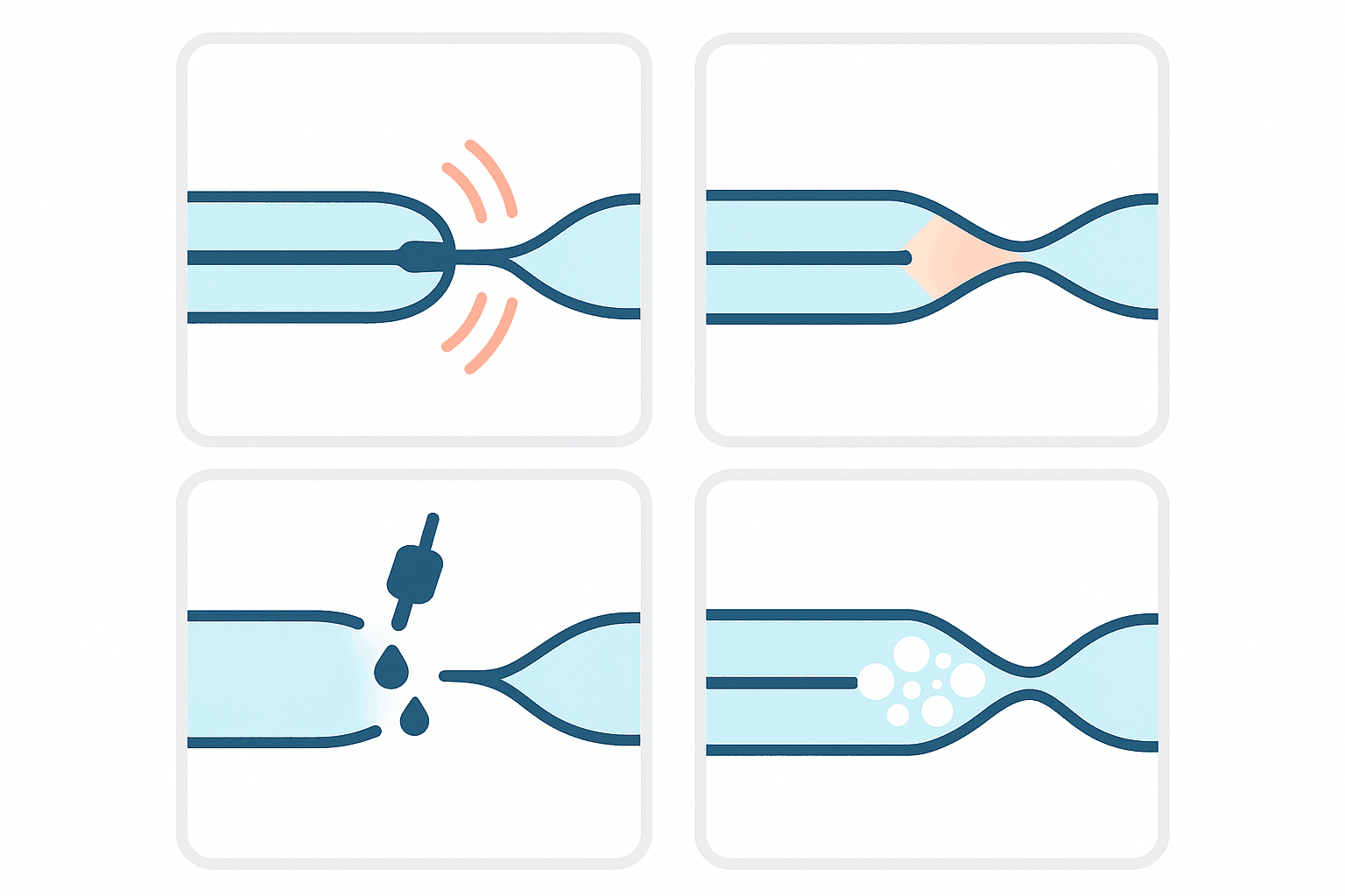 Diagram comparing four ways a diseased vein is closed: radiofrequency heat, laser light energy, medical adhesive, and polidocanol foam