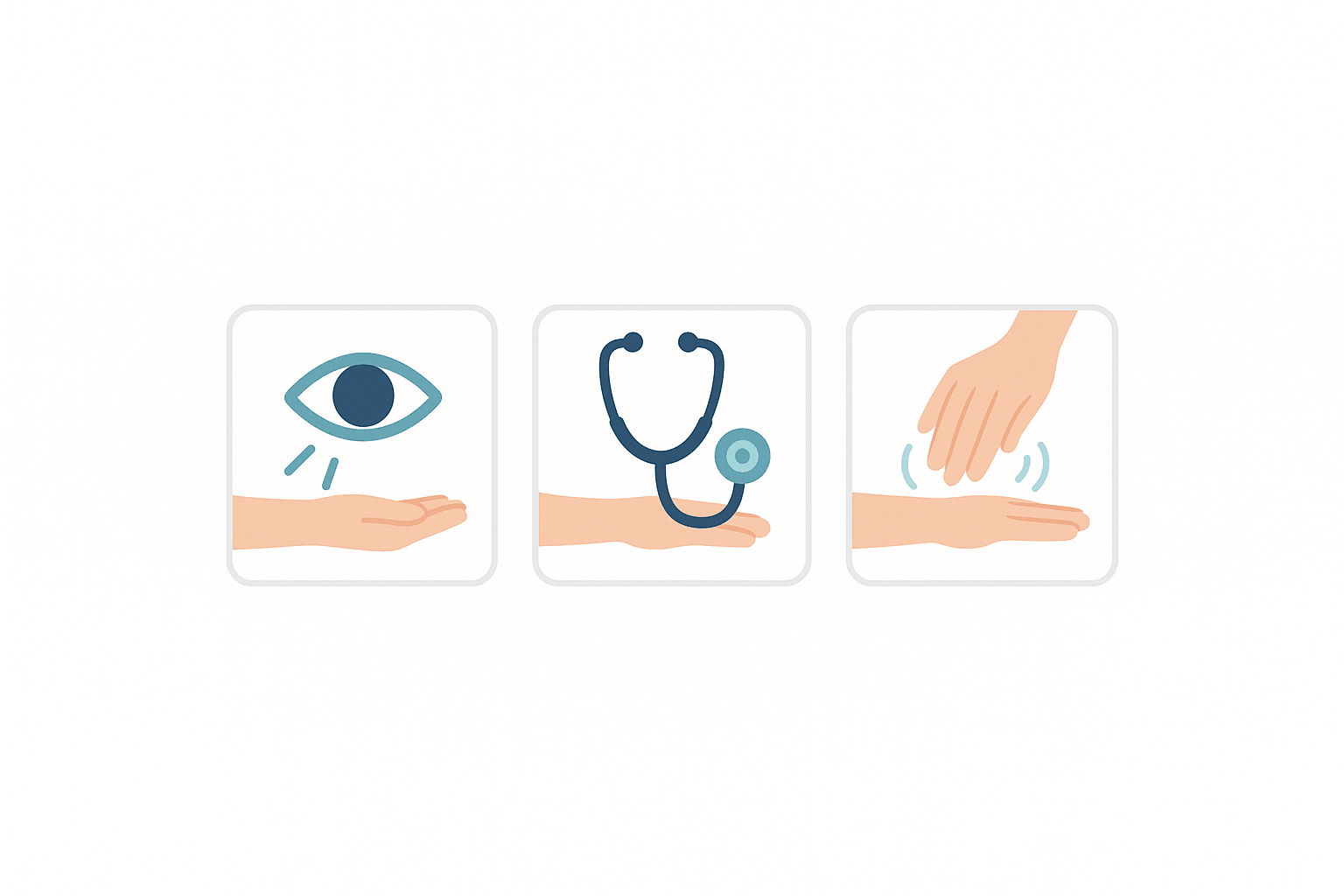 Diagram of the daily dialysis access self-check in three steps: look at the skin over the access, listen for the bruit with a stethoscope, and feel for the thrill with your fingertips